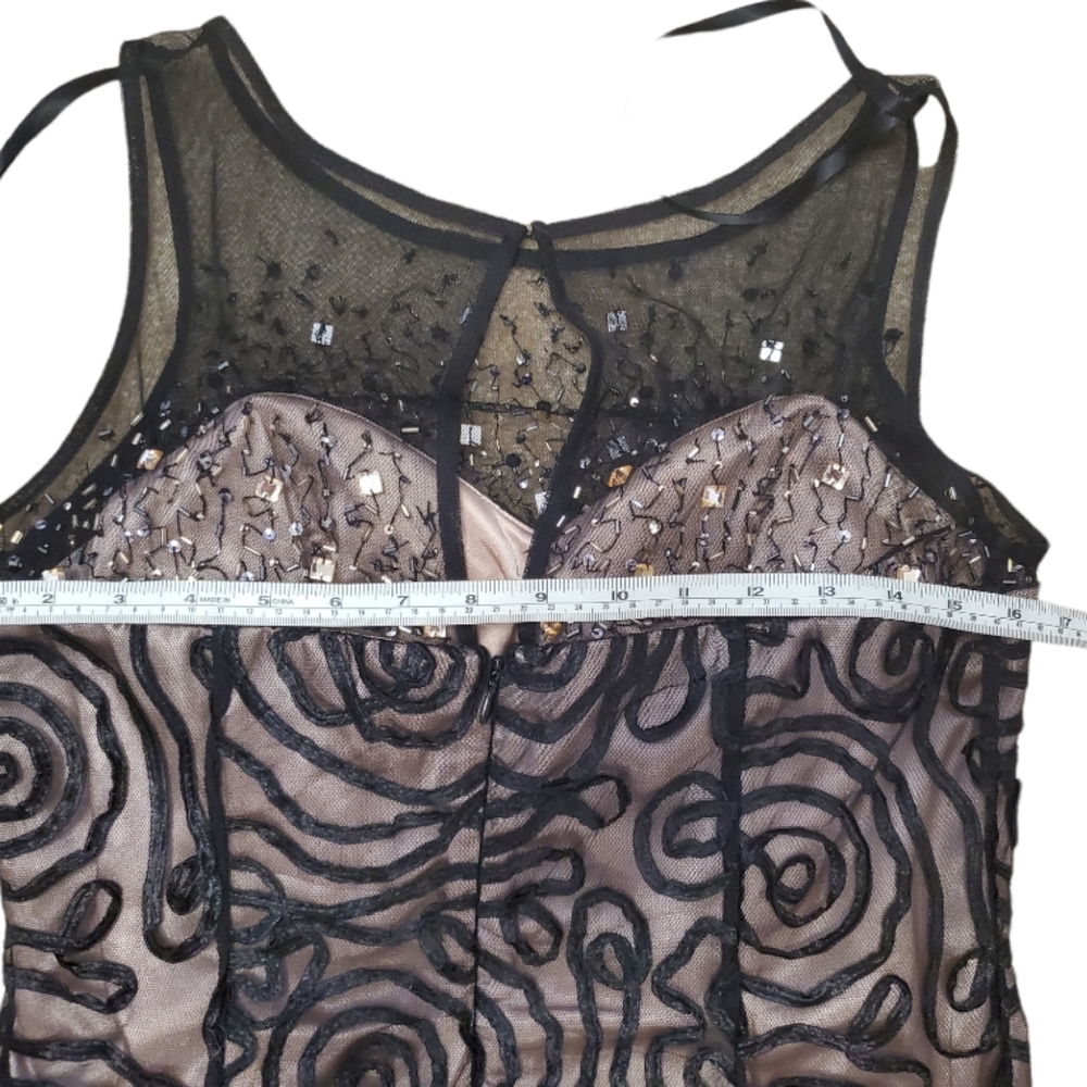 Ignite Evening Black and Tan Lined Dress With Beaded Illusion Neckline Size 10 - Picture 12 of 15